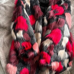 Angel Biba Colorful Maroon, Pink hues and Black Faux Fur Coat